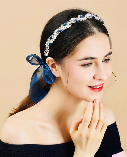 Blue Pearl Tie Headband - Luxury Headband with Soft Mesh Tie - Shameca Sweet Thangs